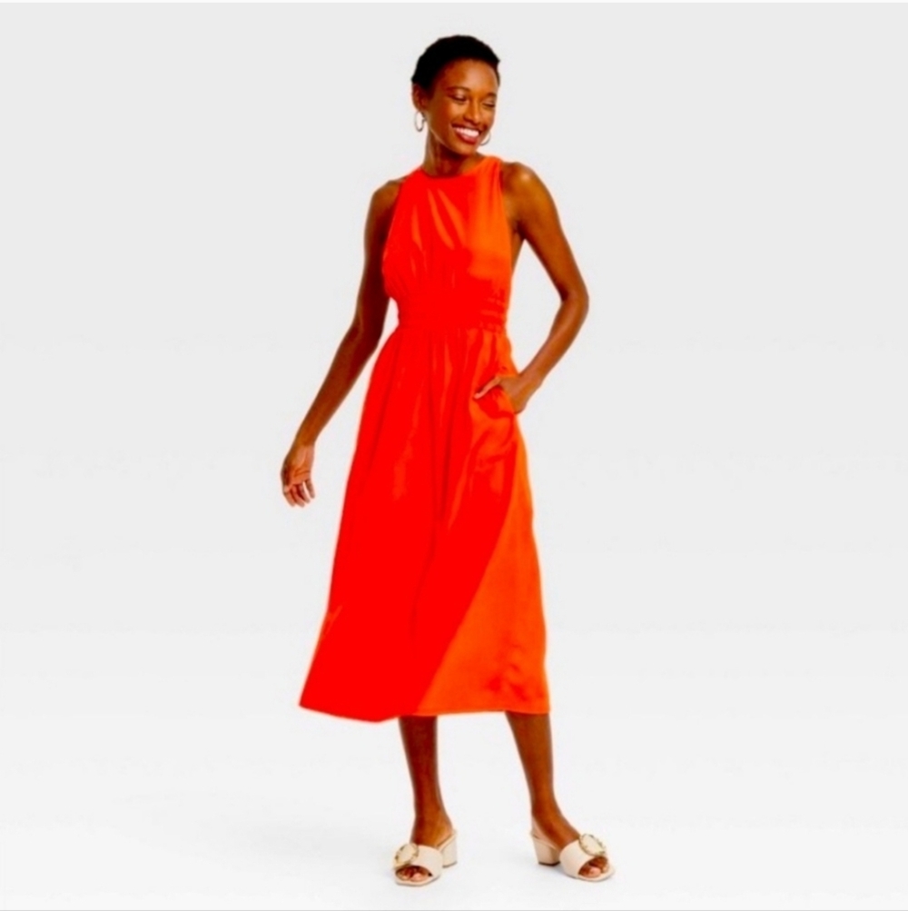 Bright Red Women's Poplin Cross Back Cinch Waist Midi Dress - A New Day Size XXL
